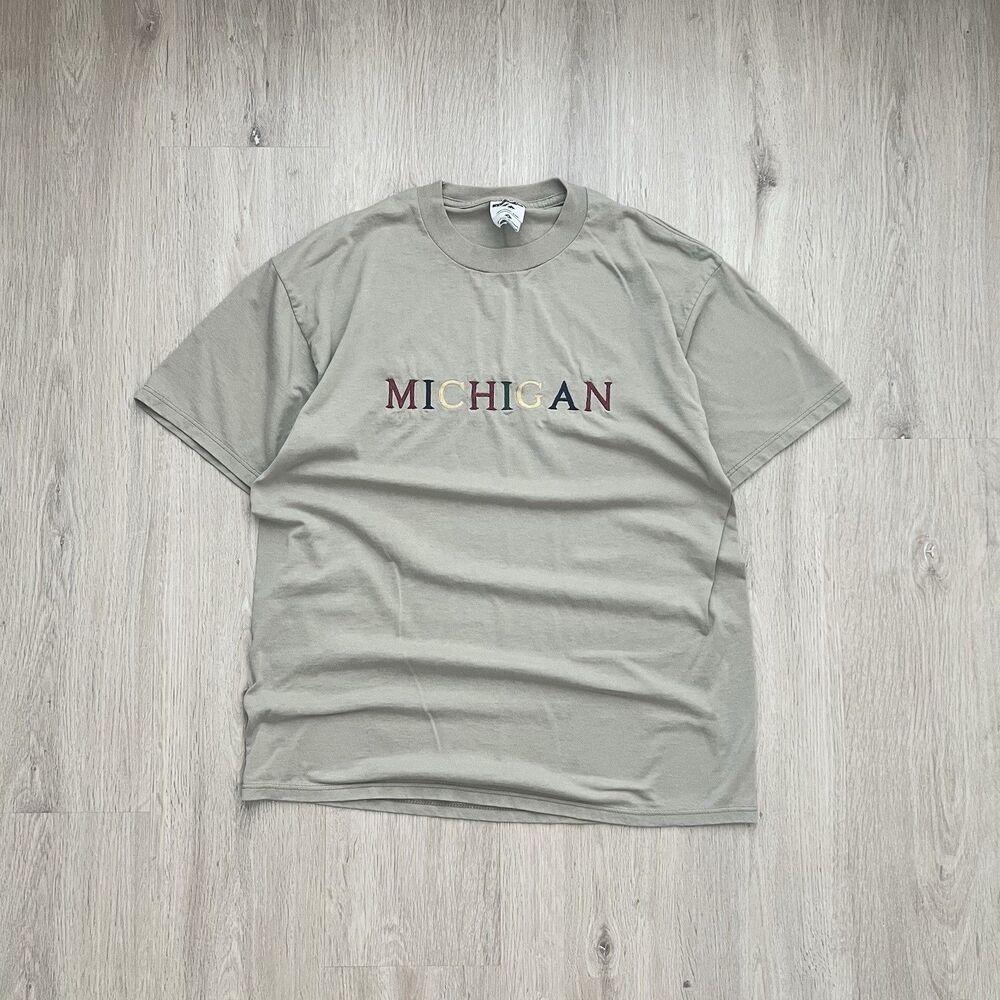 Vintage Michigan Spell Out T Shirt Mens L Jerzees Embroidered Brown Tee